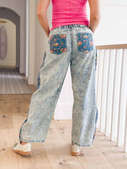 POL Light Wash Barrel Pants with Floral Contrast