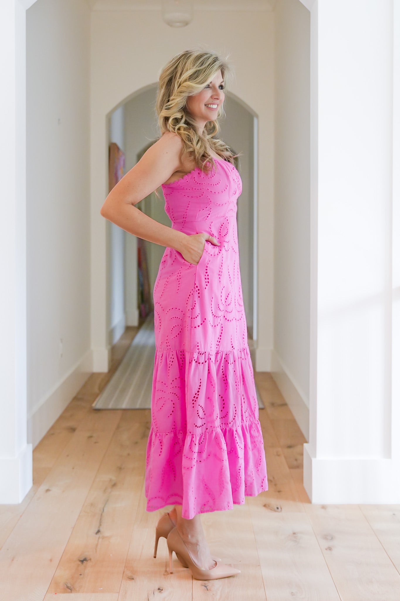 Pink Eyelet Sleeveless Tiered Dress with Side Pockets