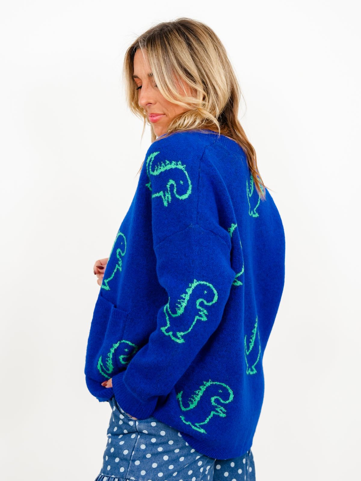 Plus/Reg Dinosaur Pattern Button Down Cardigan With Pockets