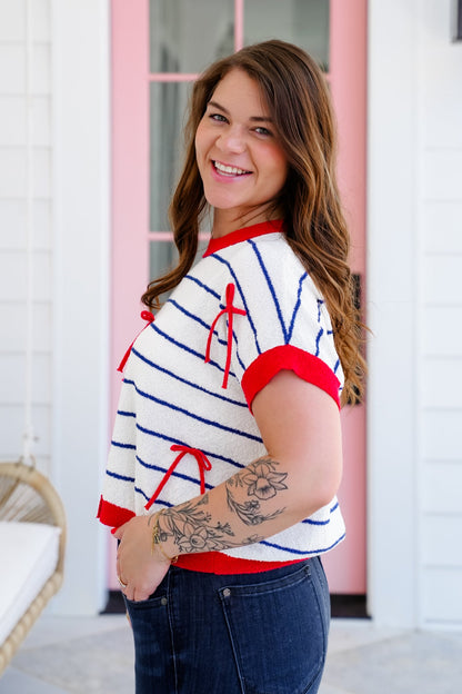 Stripe Short Sleeve Sweater with Bow Detail