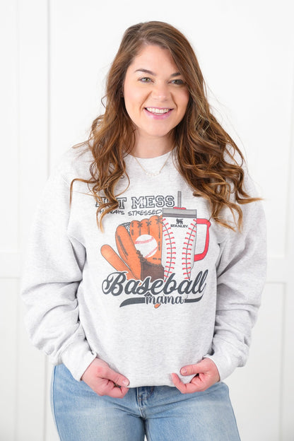 Plus/Reg Long Sleeve Hot Mess Baseball Mama Graphic Sweatshirt