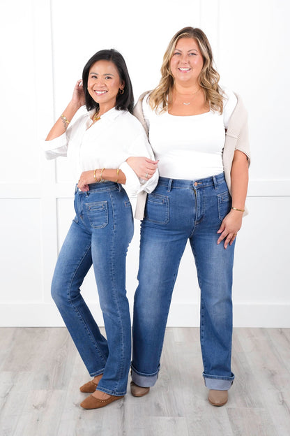 Risen High Rise Medium Wash Elastic Waistband Slim Straight Leg Jeans with Front Patch Pockets