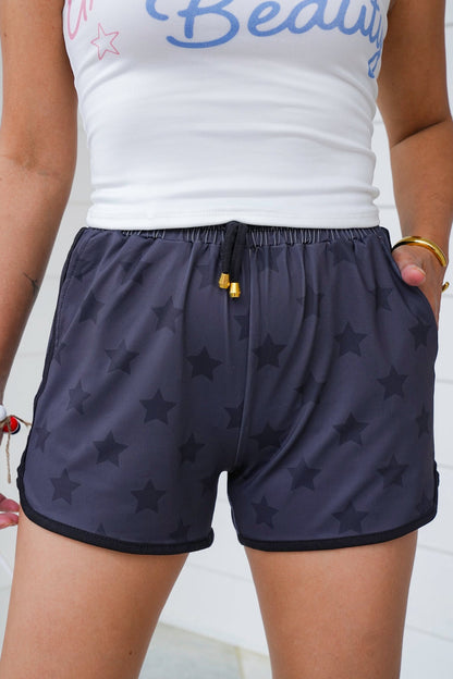 Plus/Reg Black Star Print Elastic Waist Shorts