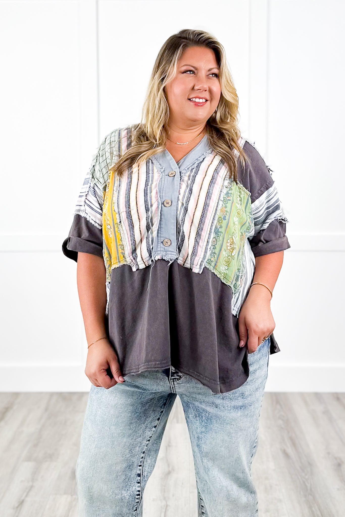 Color Block Short Sleeve Button Up Top with Print Contrast Detail