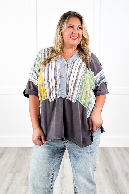 Color Block Short Sleeve Button Up Top with Print Contrast Detail