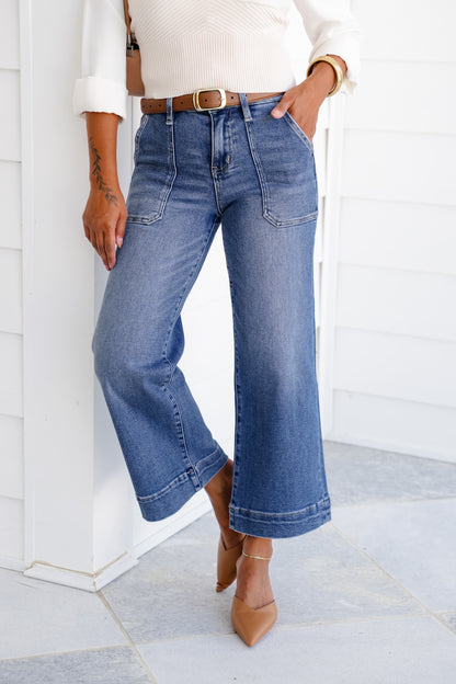 Lovervet High Rise Medium Wash Wide Leg Jeans with Utility Pocket
