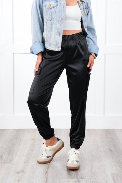 Plus/Reg Black Satin Elastic Waist Cargo Jogger Pants