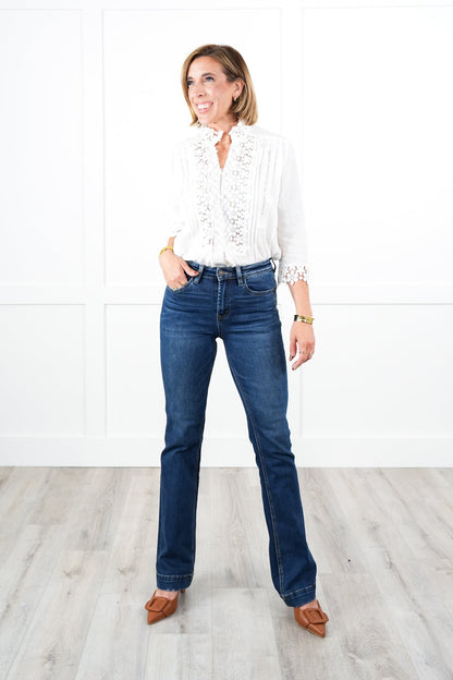 Vervet High Rise Dark Wash Trouser Hem Bootcut Jeans