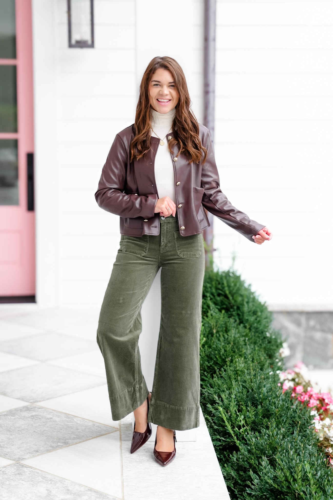 Risen High Rise Green Wide Leg Corduroy Pants with Patch Pockets