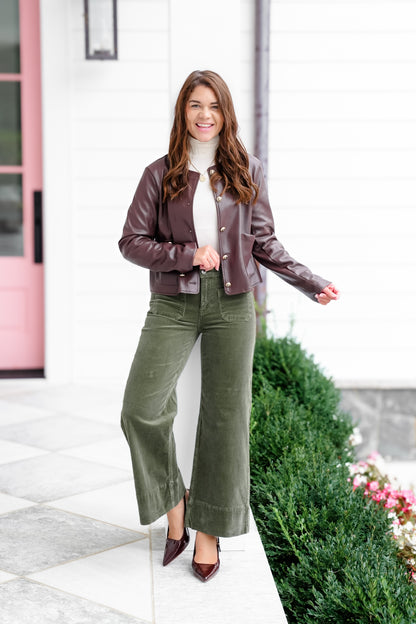 Risen High Rise Green Wide Leg Corduroy Pants with Patch Pockets