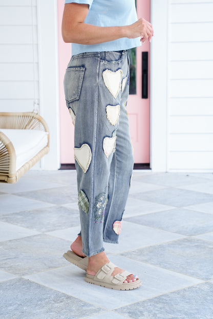 Denim Relaxed Fit Jeans with Embroidered Patchwork Detail
