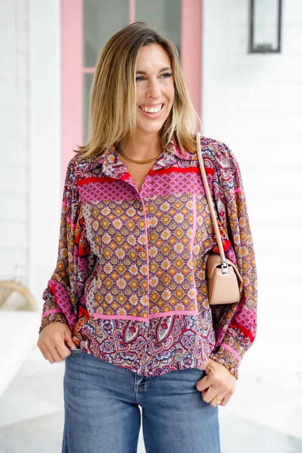Boho Print Long Puff Sleeve Top