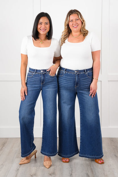 Risen High Rise Dark Wash Tummy Control Wide Leg Jeans with Released Hem