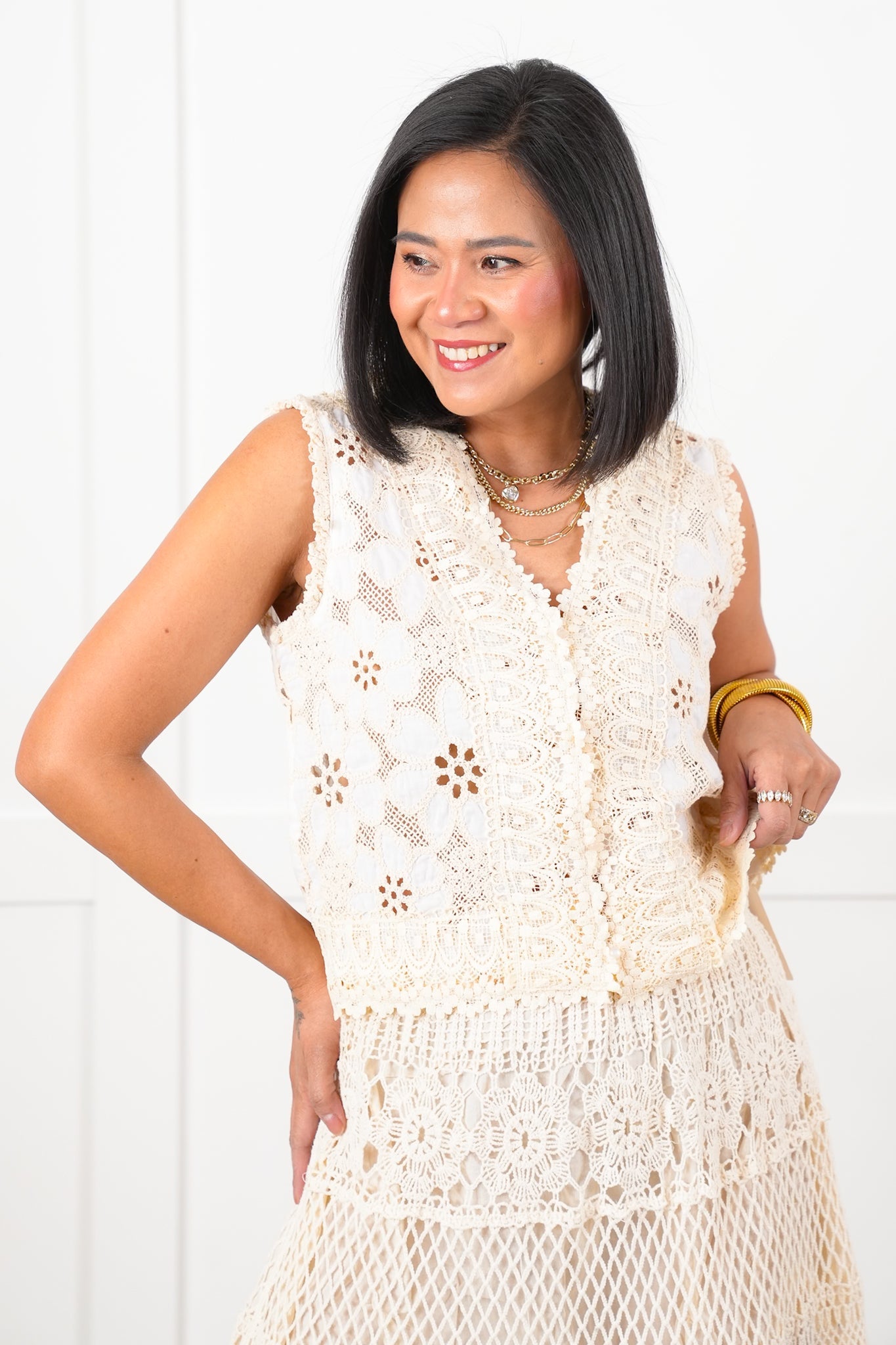 Cream Lace Button Down Vest