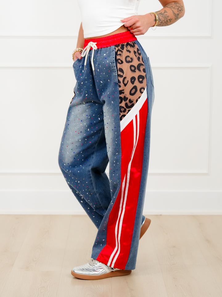 Plus/Reg Rhinestone Elastic Waist Denim Track Pants