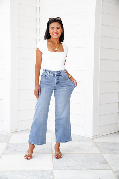 Risen High Rise Medium Wash Tummy Control Crop Wide Leg Jeans with Bow Detail