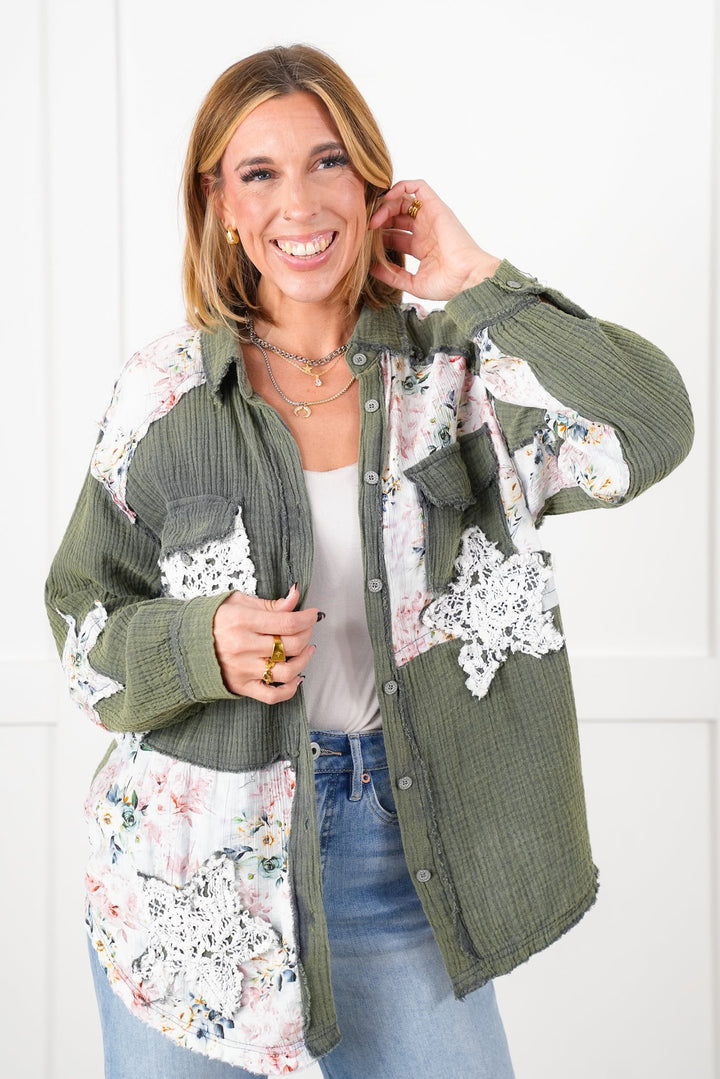 Restock! POL Gauze Long Sleeve Button Down Shacket with Floral and Lace Detail