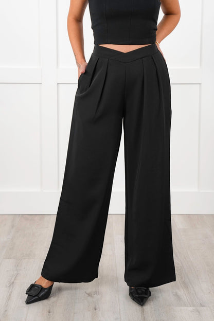 Black Twill Pleated Cross Over Waist Palazzo Pants
