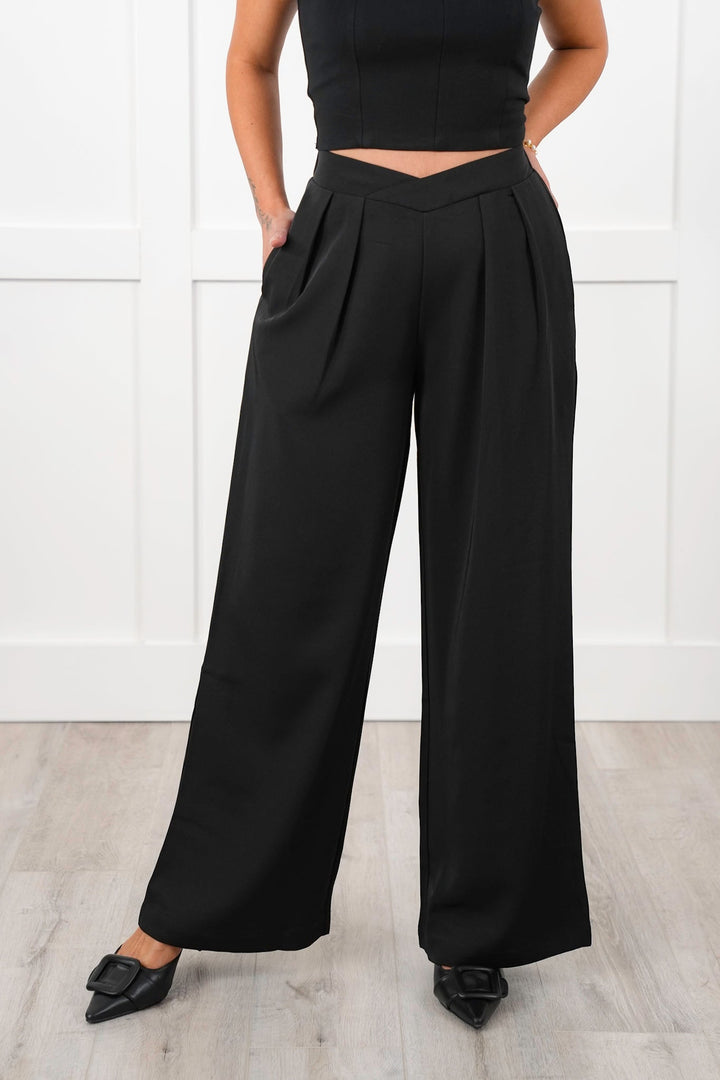 Black Twill Pleated Cross Over Waist Palazzo Pants