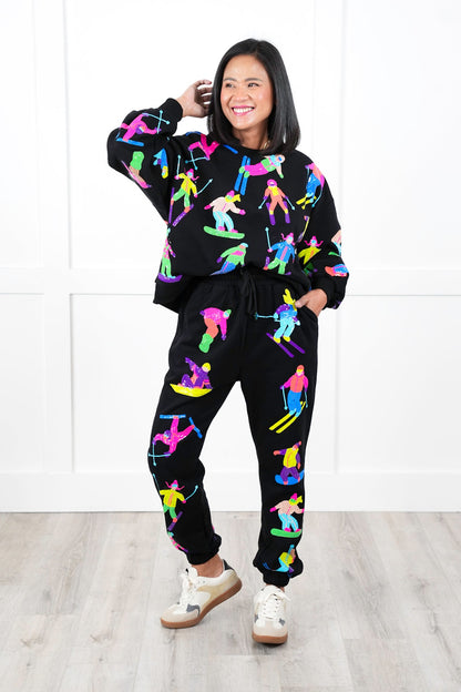 Plus/Reg Queen Of Sparkles All Over Neon Sequin Skiers Elastic Waist Joggers