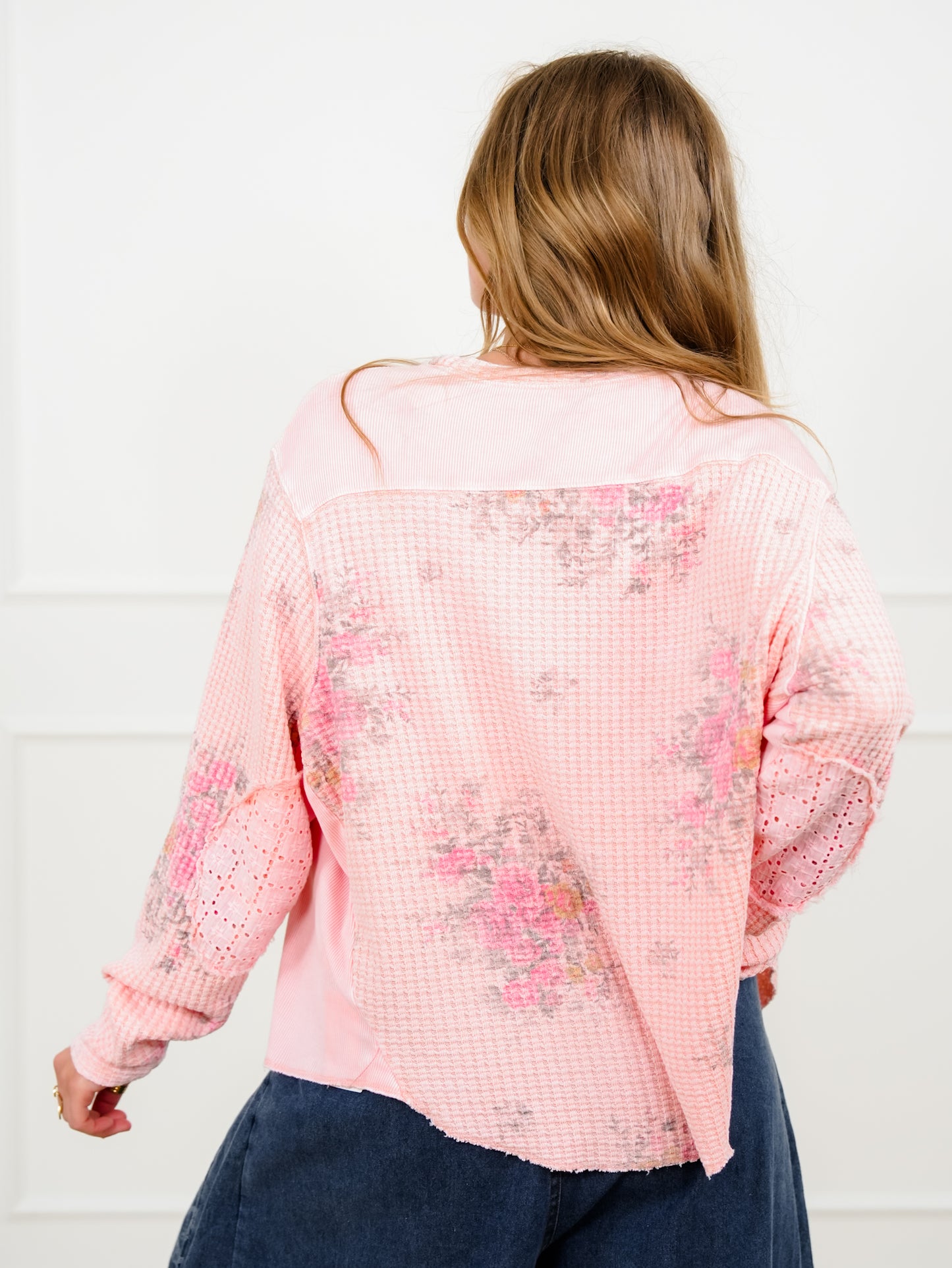 Pink Floral Long Sleeve Waffle Knit Top