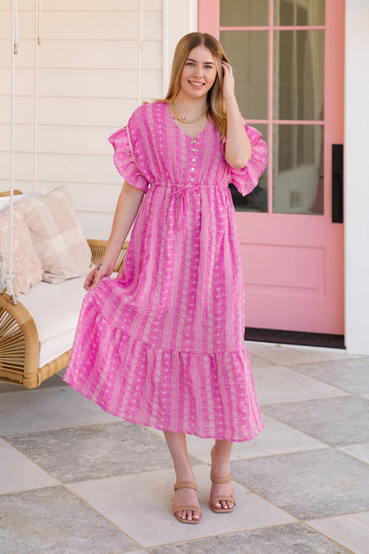 Embroidered Boho Short Ruffle Sleeve Midi Dress