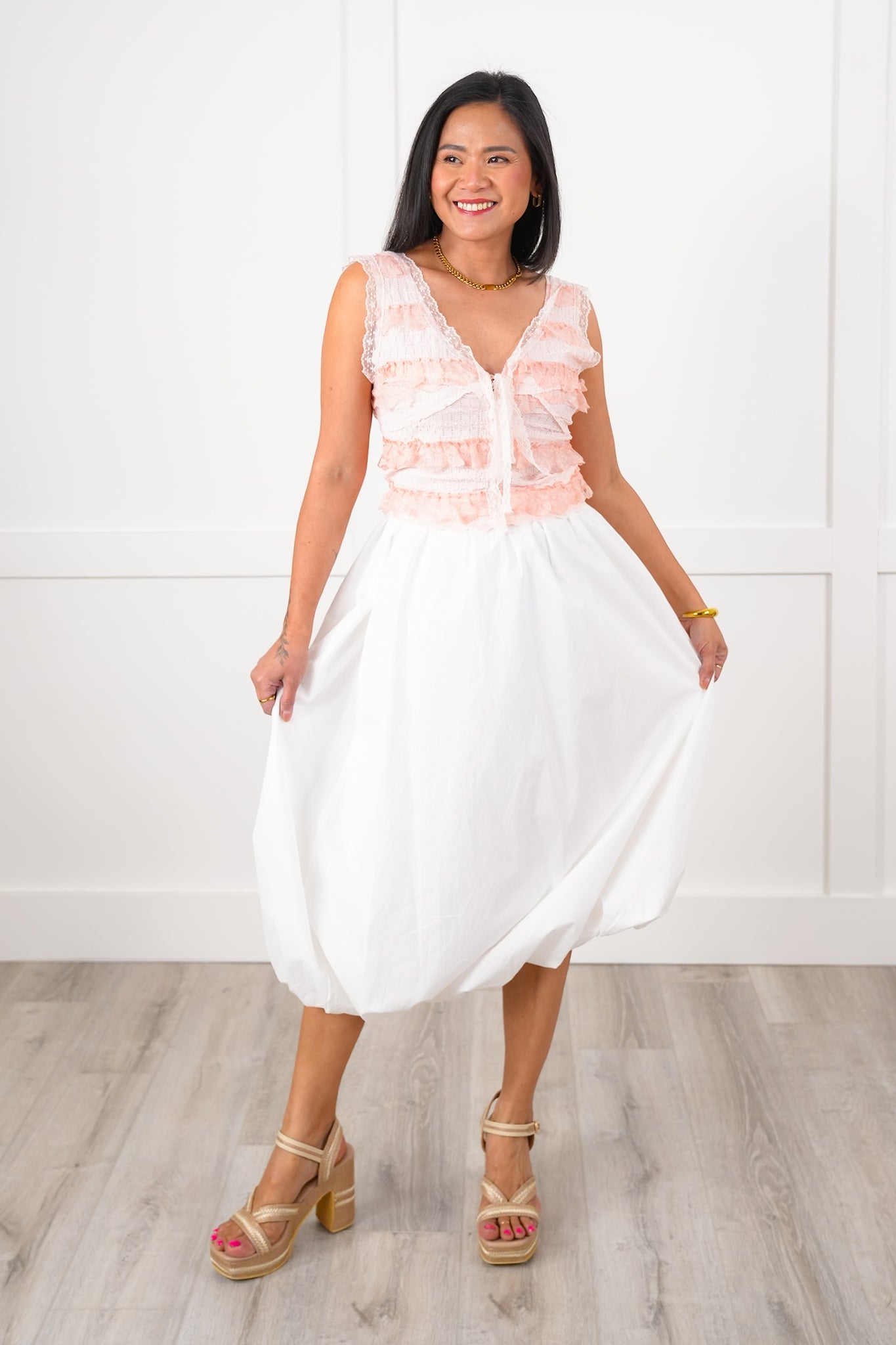 POL Woven Lace Ruffle Sleeveless V Neck Crop Top