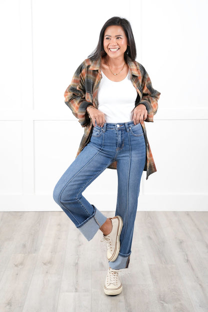 Risen High Rise Medium Wash Wide Leg Straight Cuffed Ankle Jeans
