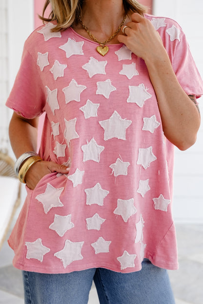 Pink Star Patch Short Sleeve Top with Side Pockets