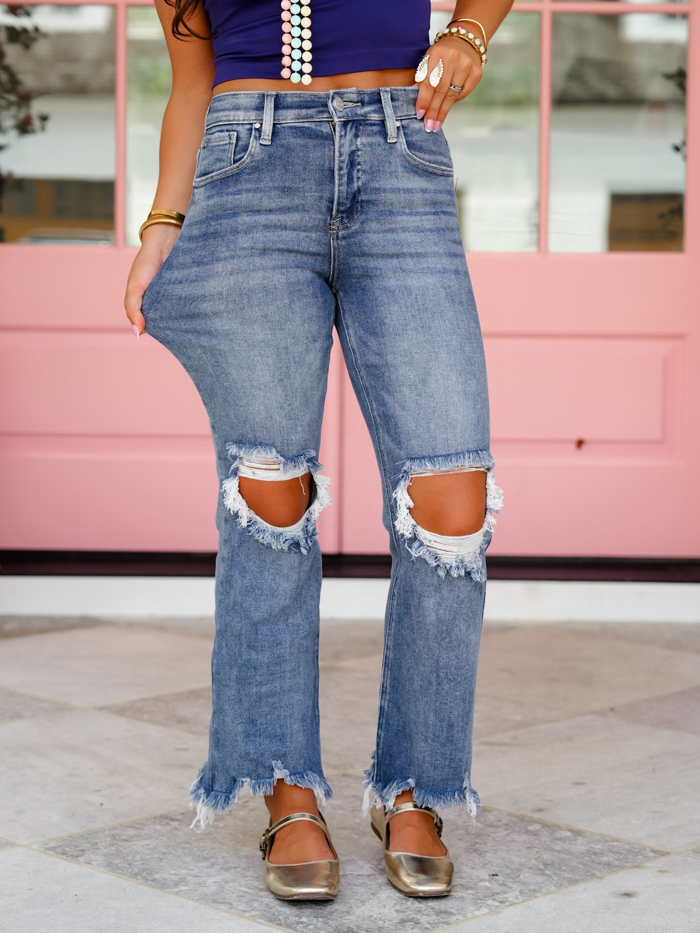 Risen High Rise Medium Wash Straight Leg Cropped Jeans