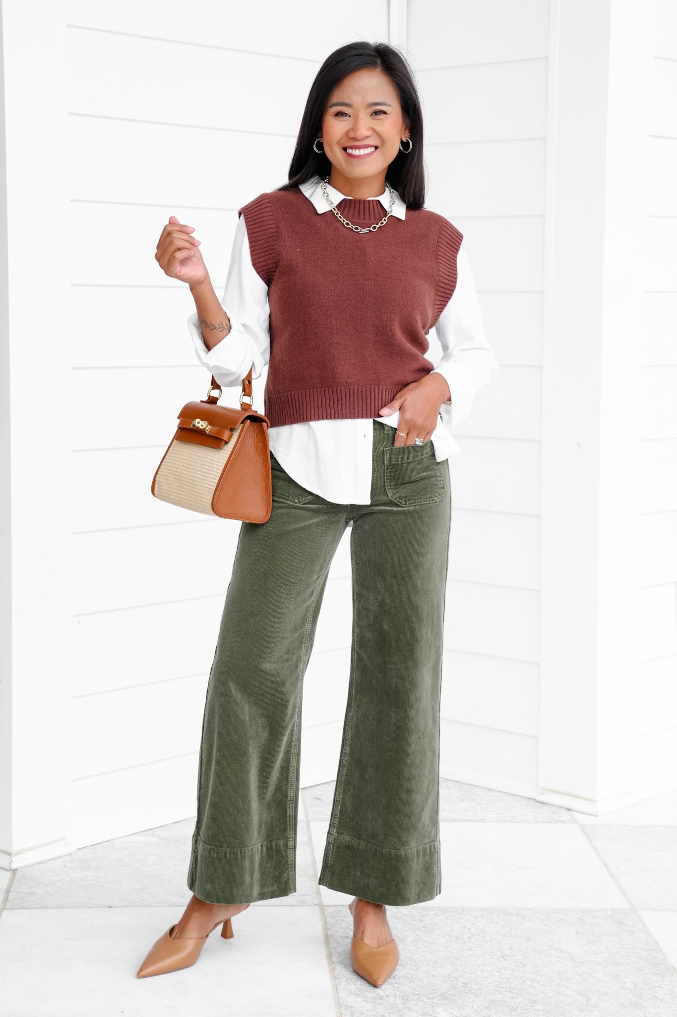 Risen High Rise Green Wide Leg Corduroy Pants with Patch Pockets
