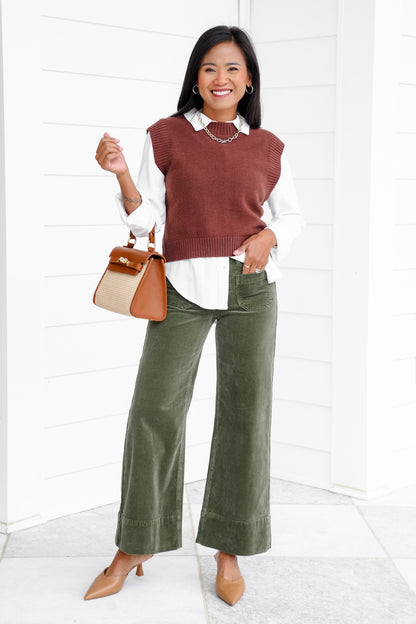 Risen High Rise Green Wide Leg Corduroy Pants with Patch Pockets