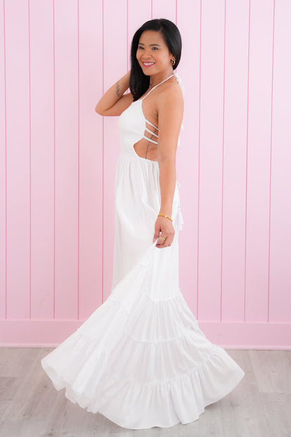 Tiare Hawaii White Smocked Tiered Maxi Dress With Back Strap Detail