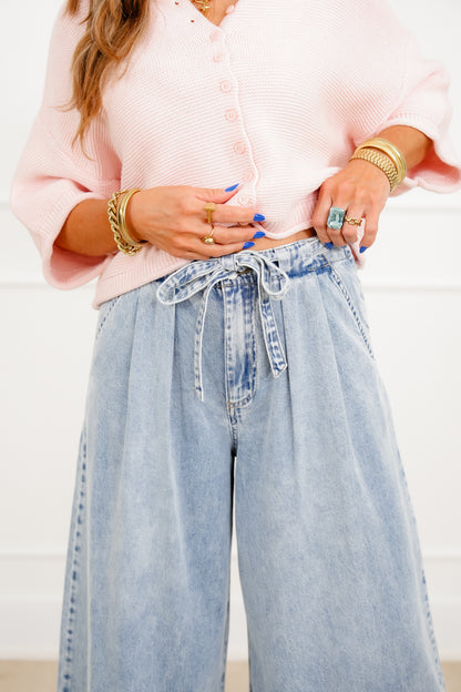 Risen High Rise Light Wash Cropped Wide Leg Tie Belted Jeans