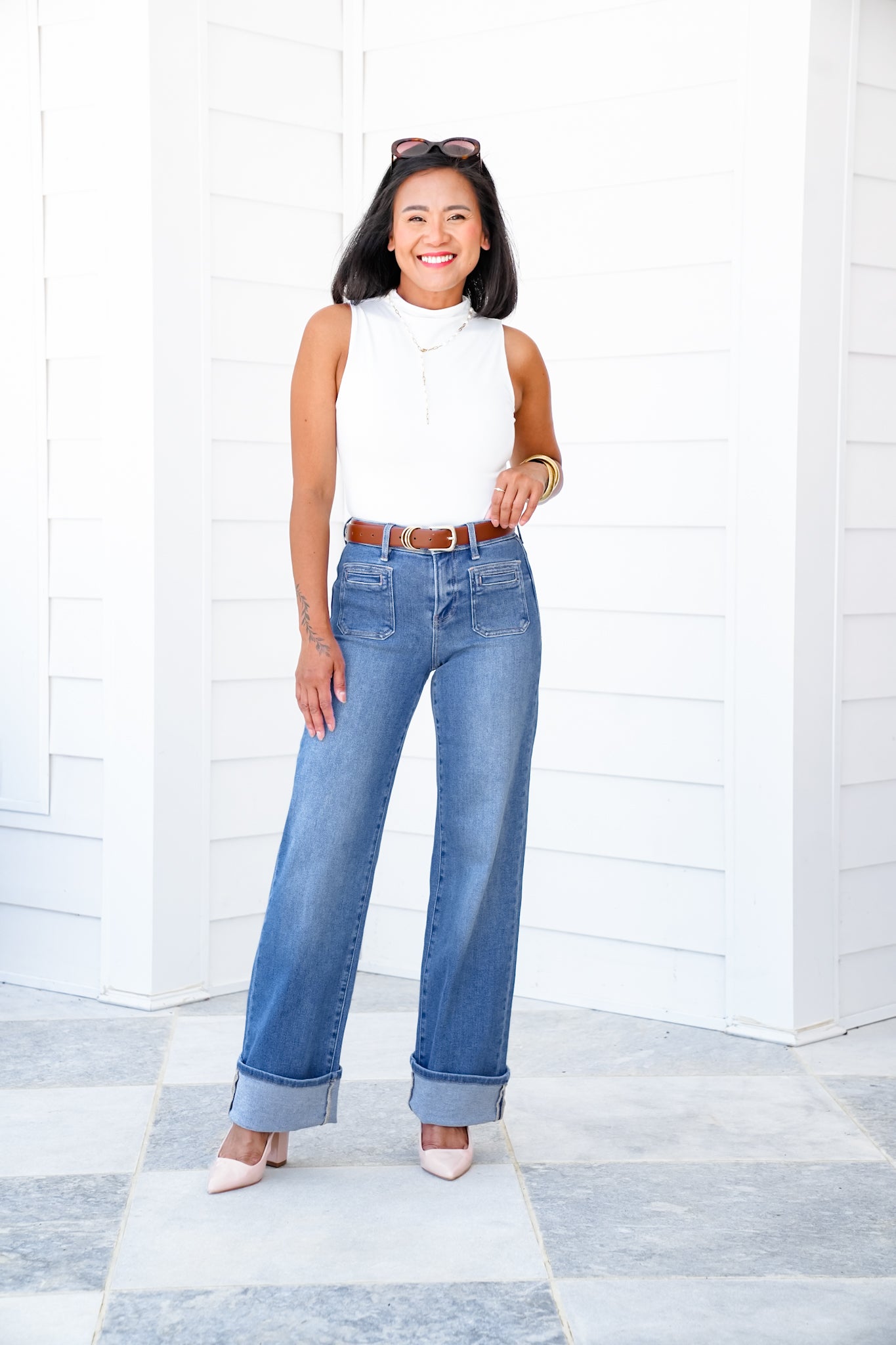 Risen High Rise Medium Wash Wide Leg Cuffed Front Patch Pocket Jeans with Elastic Waistband