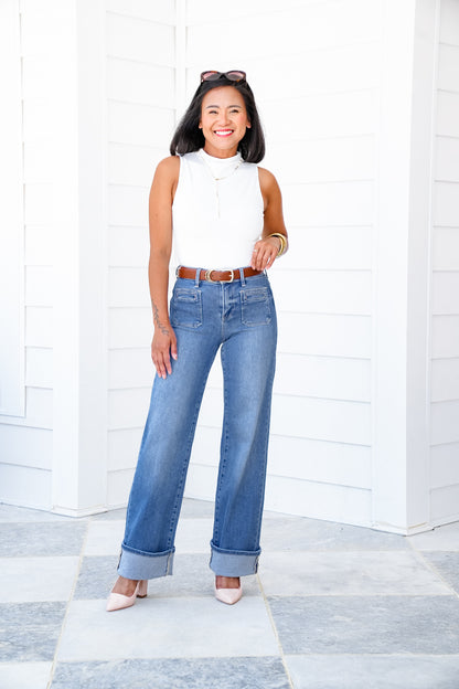 Risen High Rise Medium Wash Wide Leg Cuffed Front Patch Pocket Jeans with Elastic Waistband