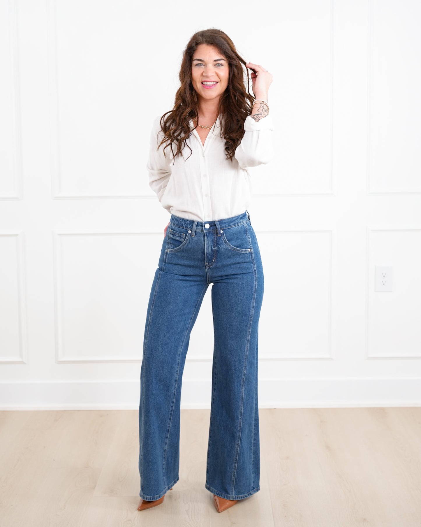 Mica High Rise Dark Wash Tummy Control Side Panel Wide Leg Jeans