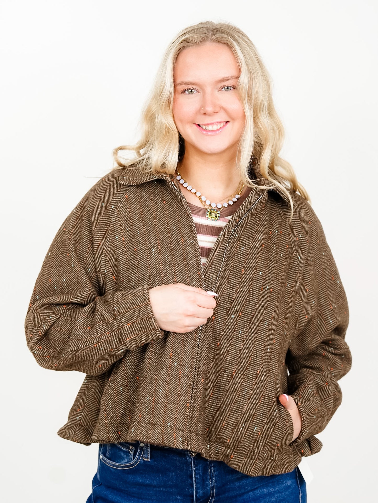 Plus/Reg Herringbone Tweed Zip Up Bomber Jacket