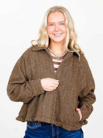 Plus/Reg Herringbone Tweed Zip Up Bomber Jacket