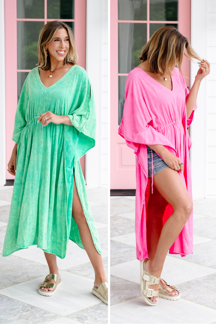 Mineral Wash Poncho Sleeve V Neck Dress with Ruched Waist Detail