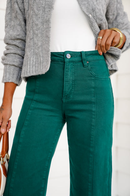 Risen High Rise Green Cropped Wide Leg Jeans