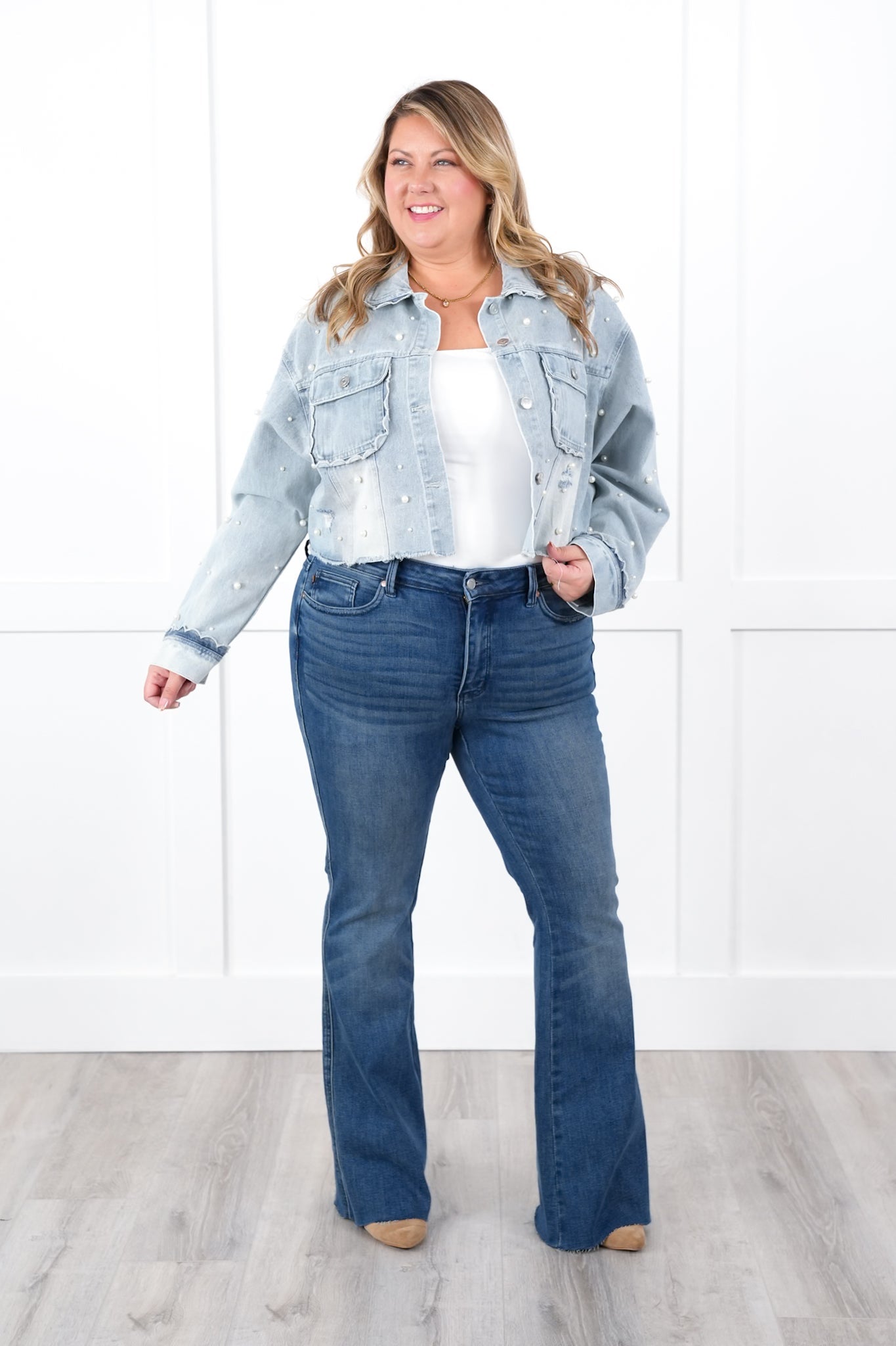 Distressed Light Denim Long Sleeve Button Down Jacket with Pearl Detail