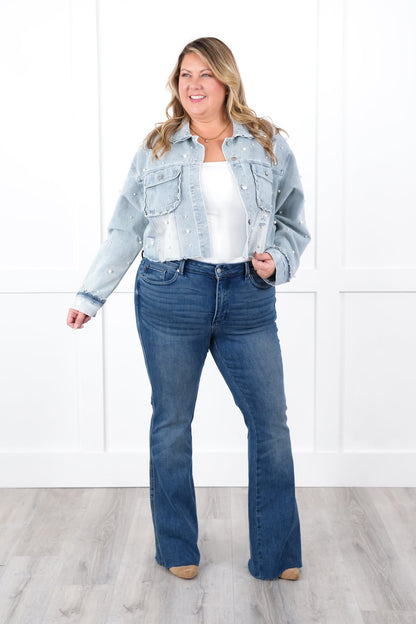 Distressed Light Denim Long Sleeve Button Down Jacket with Pearl Detail