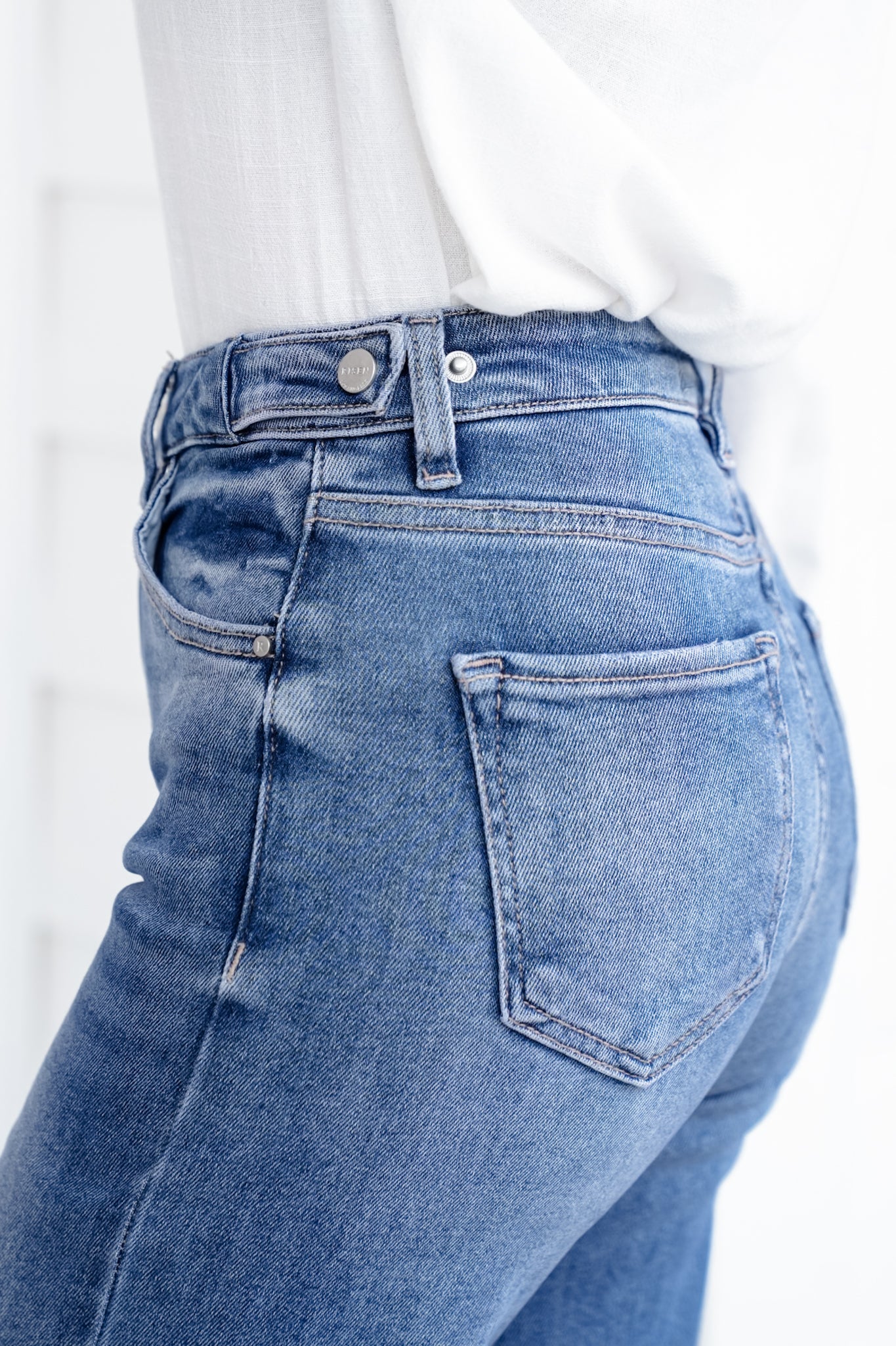 Risen High Rise Medium Wash Tummy Control Wide Leg Jeans with Adjustable Waistband