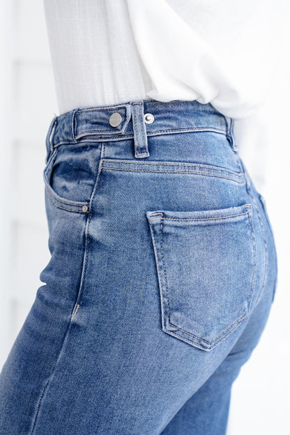 Risen High Rise Medium Wash Tummy Control Wide Leg Jeans with Adjustable Waistband