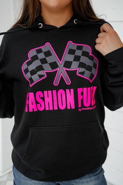 Plus/Reg Black Long Sleeve "Fashion Fuel By Freckled Poppy" Graphic Hoodie With Racing Flag