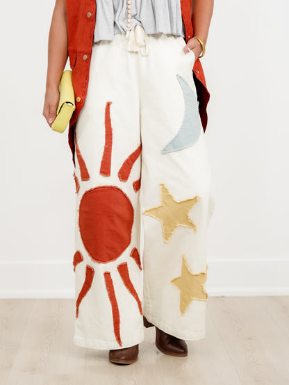 Elastic Waist Sun, Moon, & Stars Patch Wide Leg Pants