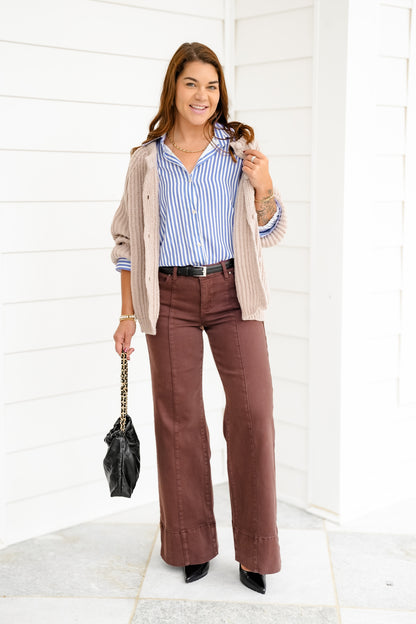 Risen Espresso Lane Mid Rise Brown Tummy Control Wide Leg Jeans with Large Wide Hem