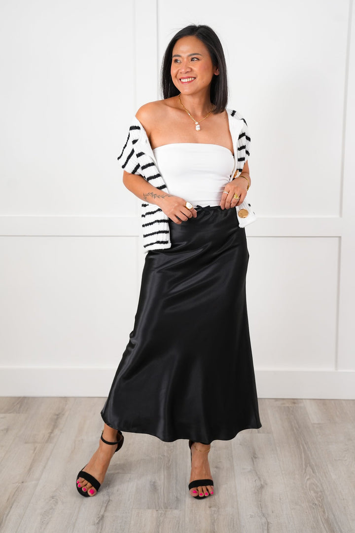 Black Satin A-Line Midi Skirt with Side Zipper