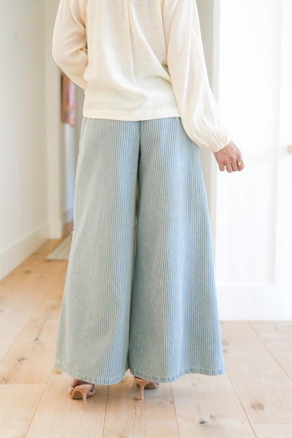 POL Stripe Wide Leg Pants with Floral Embroidery Patches